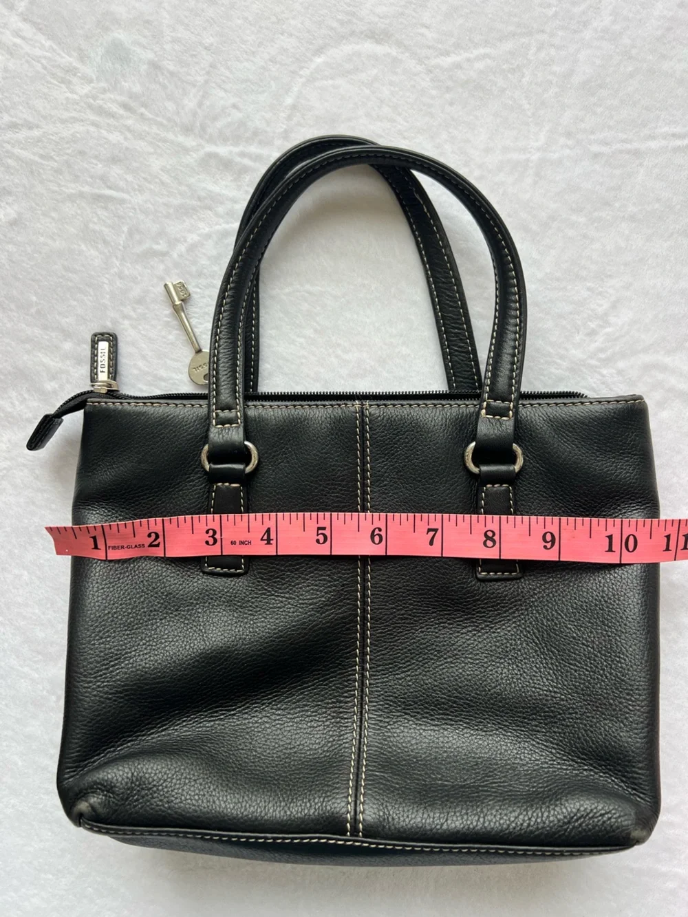 Fossil Black Leather Women Tote Satchel HandBag Purse 75082 Key Charm